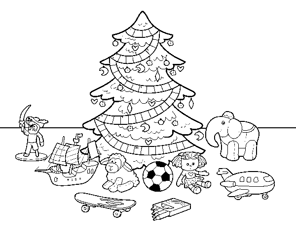 Disegno di Albero di Natale con giocattoli da Colorare
