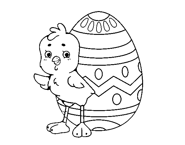 Disegno di Pulcino simpatico con uovo di Pasqua da Colorare