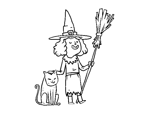 Disegno di Strega con il gatto di Halloween da Colorare