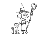 Disegno di Strega con il gatto di Halloween da colorare